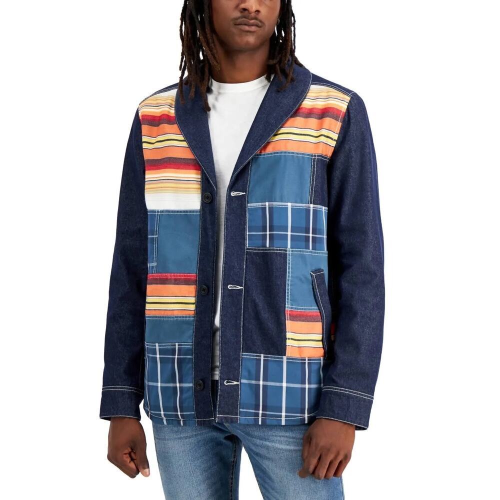 Sun + Stone Nial Patchwork Jacket Men Size S Blue Southwestern Denim Tribal